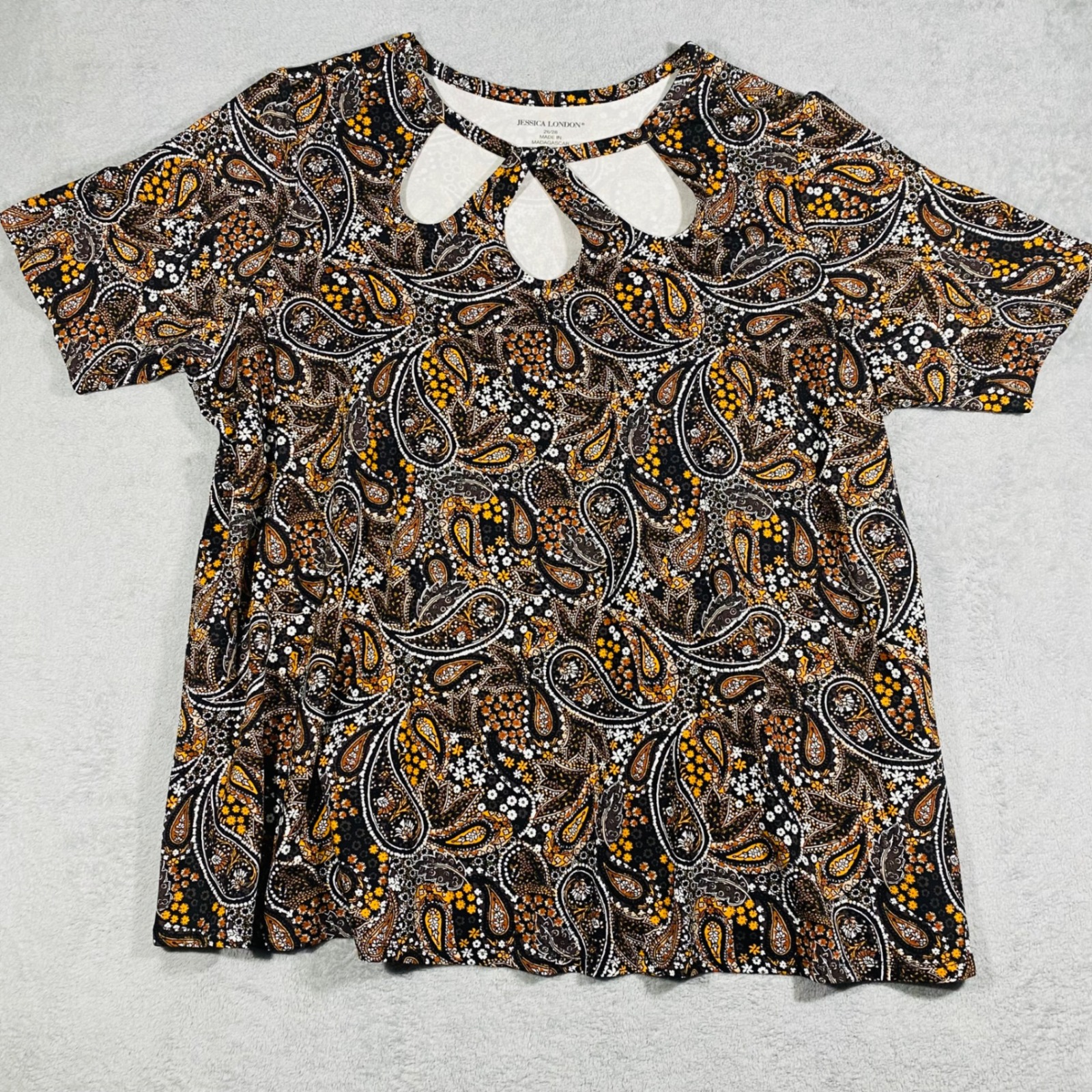 Jessica London Paisley Top Women 26/28 Brown Multi Cutout Neck Short Sleeve